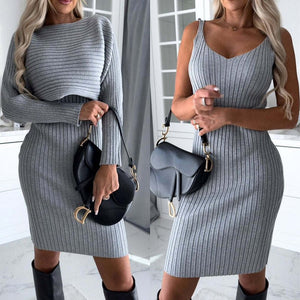 2pcs Suit Women's Solid Stripe Long - sleeved Top And Tight Suspender Skirt Fashion Autumn Winter Slim Clothing - MISSCLAUS