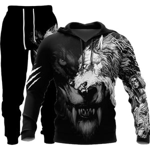 3D Wolf Print Tracksuit Men Sportswear Hooded Sweatsuit Two Piece Outdoors Running Fitness Mens Clothing Jogging Set - MISSCLAUS