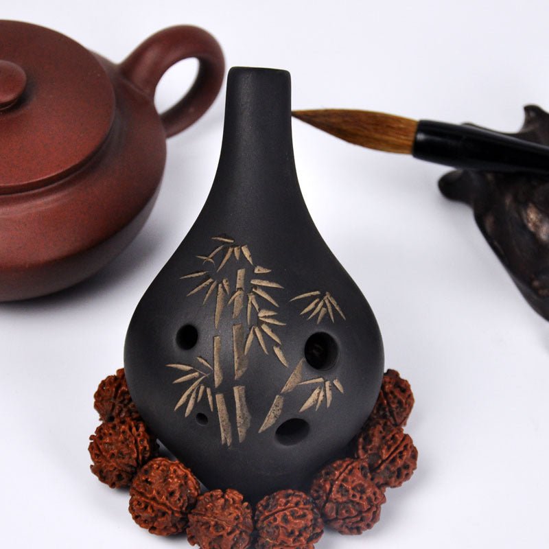 6 hole black pottery flute AC key alto C key hand carving - MISSCLAUS