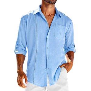 Casual Long Sleeve Shirt With Pocket Lace Polo Collar Solid Color Button Mens Clothing - MISSCLAUS