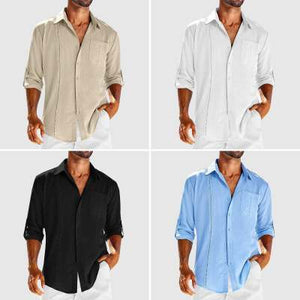 Casual Long Sleeve Shirt With Pocket Lace Polo Collar Solid Color Button Mens Clothing - MISSCLAUS