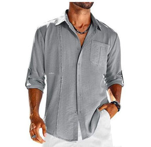 Casual Long Sleeve Shirt With Pocket Lace Polo Collar Solid Color Button Mens Clothing - MISSCLAUS