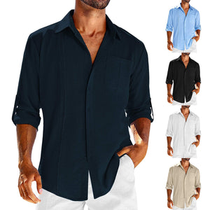 Casual Long Sleeve Shirt With Pocket Lace Polo Collar Solid Color Button Mens Clothing - MISSCLAUS