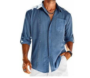 Casual Long Sleeve Shirt With Pocket Lace Polo Collar Solid Color Button Mens Clothing - MISSCLAUS