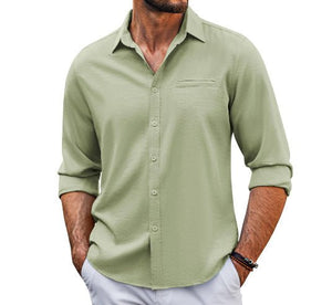 Casual Long Sleeve Shirt With Pocket Lace Polo Collar Solid Color Button Mens Clothing - MISSCLAUS
