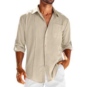 Casual Long Sleeve Shirt With Pocket Lace Polo Collar Solid Color Button Mens Clothing - MISSCLAUS