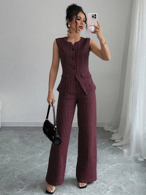 Casual Striped Short Style Lapel Suit Straight - leg Pants Suit - MISSCLAUS