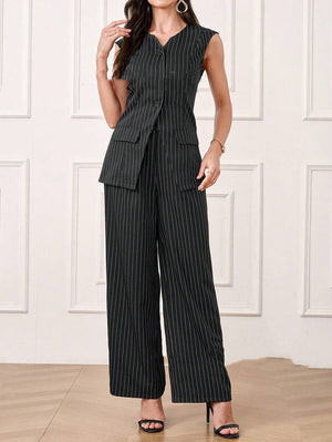 Casual Striped Short Style Lapel Suit Straight - leg Pants Suit - MISSCLAUS