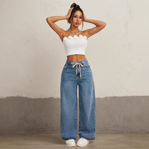 Fashion High Waist Loose Straight With Baht Wide Leg Mop Pants - MISSCLAUS