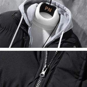 Fashion Hooded Jacket Men Winter Windproof Thickened Fake Two - piece Coat Solid Leisure Sports Cotton Jacket - MISSCLAUS