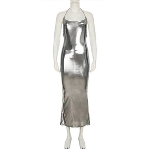 Female Liquid Large Backless Shiny Suspender Dress - MISSCLAUS