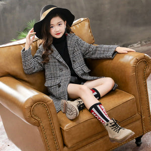 Gray plaid houndstooth coat for girls - MISSCLAUS