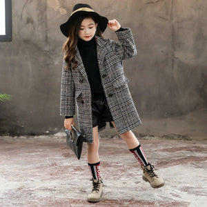 Gray plaid houndstooth coat for girls - MISSCLAUS