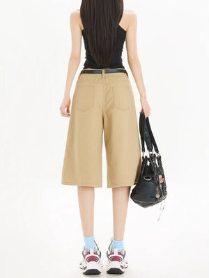 Khaki Workwear Wide Leg Cropped Denim Women's Shorts - MISSCLAUS