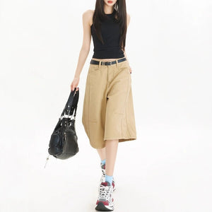 Khaki Workwear Wide Leg Cropped Denim Women's Shorts - MISSCLAUS
