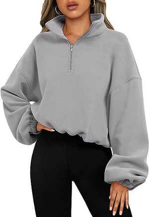 Loose Sport Pullover Hoodie Women Winter Solid Color Zipper Stand Collar Sweatshirt Thick Warm Clothing - MISSCLAUS