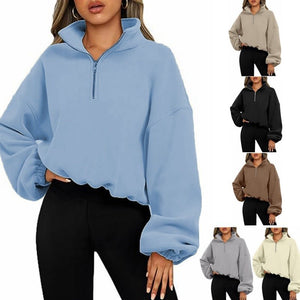 Loose Sport Pullover Hoodie Women Winter Solid Color Zipper Stand Collar Sweatshirt Thick Warm Clothing - MISSCLAUS