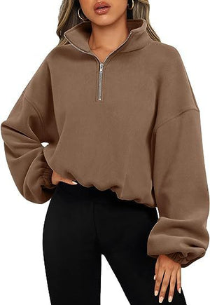 Loose Sport Pullover Hoodie Women Winter Solid Color Zipper Stand Collar Sweatshirt Thick Warm Clothing - MISSCLAUS