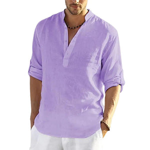 Men's Casual Cotton Linen Solid Color Long Sleeve Shirt Loose Stand Collar - MISSCLAUS