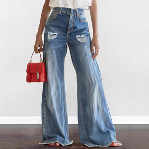 Raw Hem Ripped Loose Wide - leg Flared Jeans - MISSCLAUS