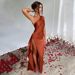 Sexy One - shoulder Backless Slit Dress Summer Elegant Slim - fit Solid Color Satin Dresses For Women - MISSCLAUS