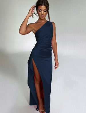 Sexy One - shoulder Backless Slit Dress Summer Elegant Slim - fit Solid Color Satin Dresses For Women - MISSCLAUS