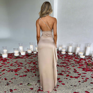 Sexy One - shoulder Backless Slit Dress Summer Elegant Slim - fit Solid Color Satin Dresses For Women - MISSCLAUS
