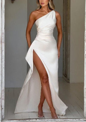 Sexy One - shoulder Backless Slit Dress Summer Elegant Slim - fit Solid Color Satin Dresses For Women - MISSCLAUS