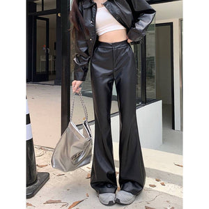 Slim Fit Leather Bootcut Trousers Slimming High Waist Casual Leather Pants - MISSCLAUS