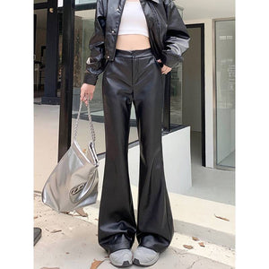 Slim Fit Leather Bootcut Trousers Slimming High Waist Casual Leather Pants - MISSCLAUS