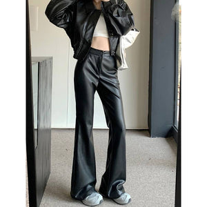 Slim Fit Leather Bootcut Trousers Slimming High Waist Casual Leather Pants - MISSCLAUS