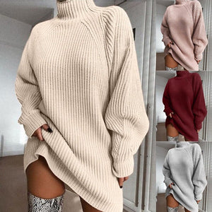 Solid Turtleneck Long Sweater Winter Warm Women Sweater Dress - MISSCLAUS