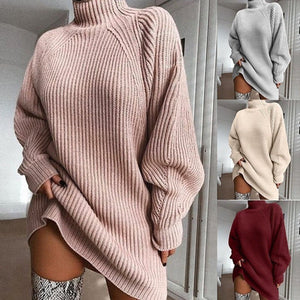 Solid Turtleneck Long Sweater Winter Warm Women Sweater Dress - MISSCLAUS