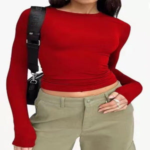 Women's Clothing Fashion Slim Long - sleeved Pullovers Tops Solid Causal Fit Shirts - MISSCLAUS