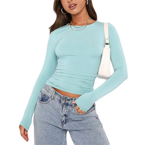 Women's Clothing Fashion Slim Long - sleeved Pullovers Tops Solid Causal Fit Shirts - MISSCLAUS