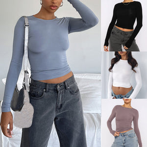 Women's Clothing Fashion Slim Long - sleeved Pullovers Tops Solid Causal Fit Shirts - MISSCLAUS