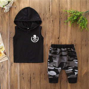 2PCS Toddler Kids Baby Boy Sleeveless Hooded Clothes T-shirt Tops Camo Pants Outfits - MISSCLAUS