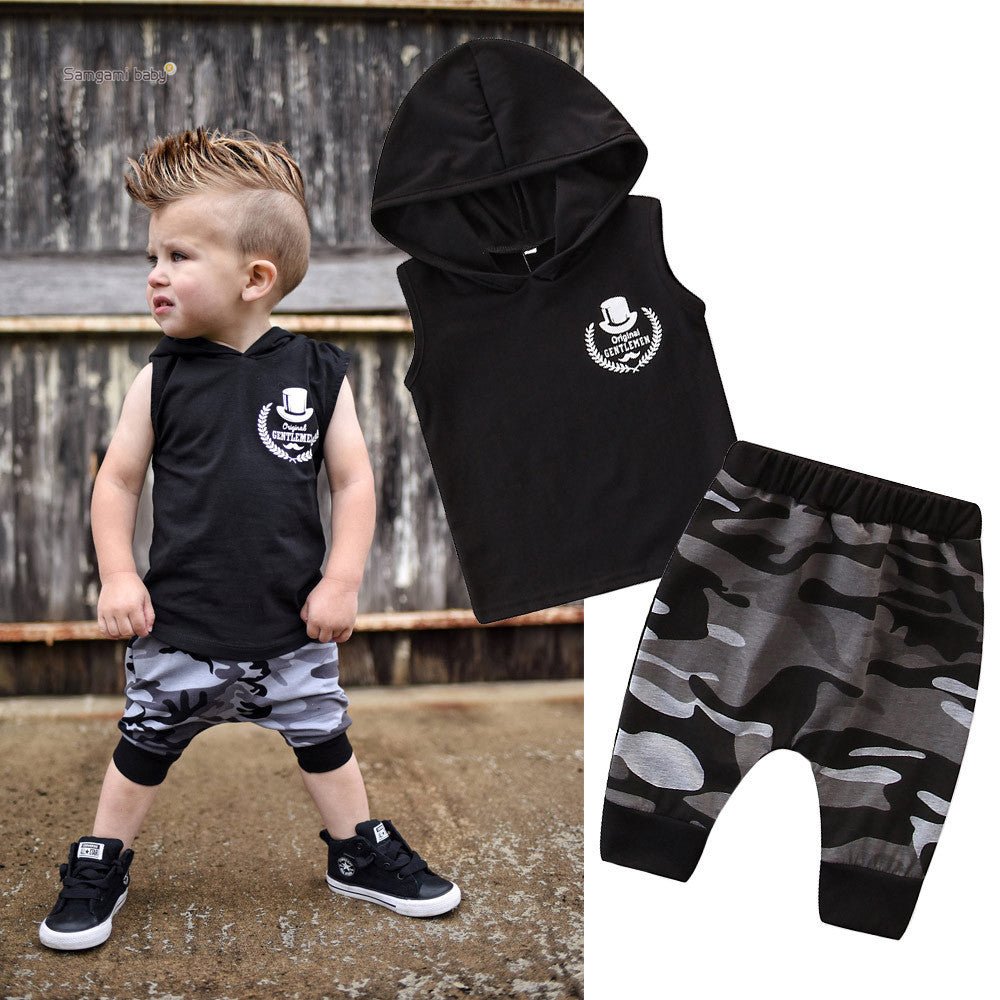 2PCS Toddler Kids Baby Boy Sleeveless Hooded Clothes T-shirt Tops Camo Pants Outfits - MISSCLAUS