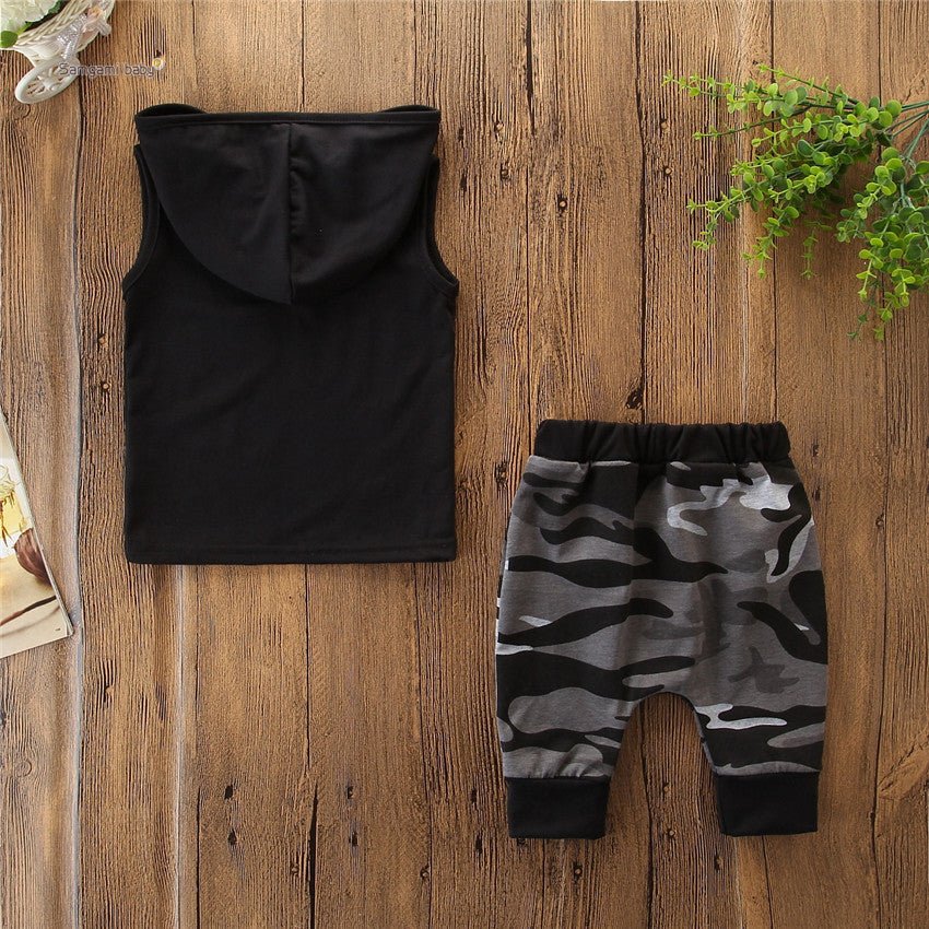 2PCS Toddler Kids Baby Boy Sleeveless Hooded Clothes T-shirt Tops Camo Pants Outfits - MISSCLAUS