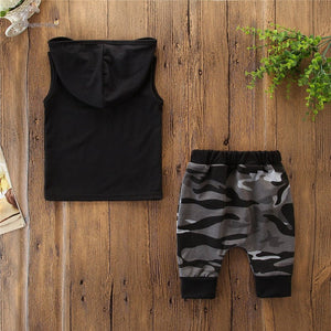 2PCS Toddler Kids Baby Boy Sleeveless Hooded Clothes T-shirt Tops Camo Pants Outfits - MISSCLAUS