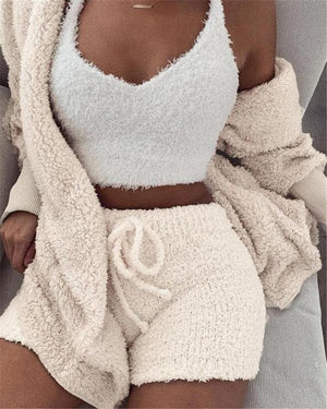 3pcs Womens Clothing Long Sleeve Crop Tank Top And Drawstring Shorts Pajama Set - MISSCLAUS