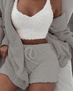3pcs Womens Clothing Long Sleeve Crop Tank Top And Drawstring Shorts Pajama Set - MISSCLAUS