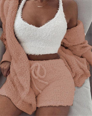 3pcs Womens Clothing Long Sleeve Crop Tank Top And Drawstring Shorts Pajama Set - MISSCLAUS