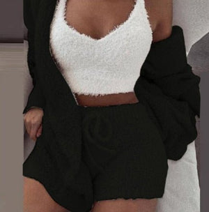 3pcs Womens Clothing Long Sleeve Crop Tank Top And Drawstring Shorts Pajama Set - MISSCLAUS