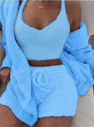 3pcs Womens Clothing Long Sleeve Crop Tank Top And Drawstring Shorts Pajama Set - MISSCLAUS