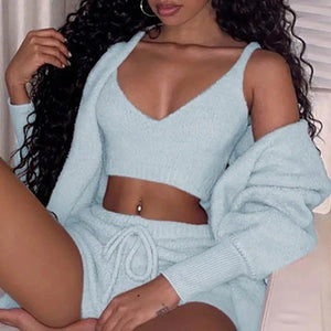 3pcs Womens Clothing Long Sleeve Crop Tank Top And Drawstring Shorts Pajama Set - MISSCLAUS