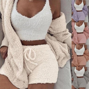 3pcs Womens Clothing Long Sleeve Crop Tank Top And Drawstring Shorts Pajama Set - MISSCLAUS