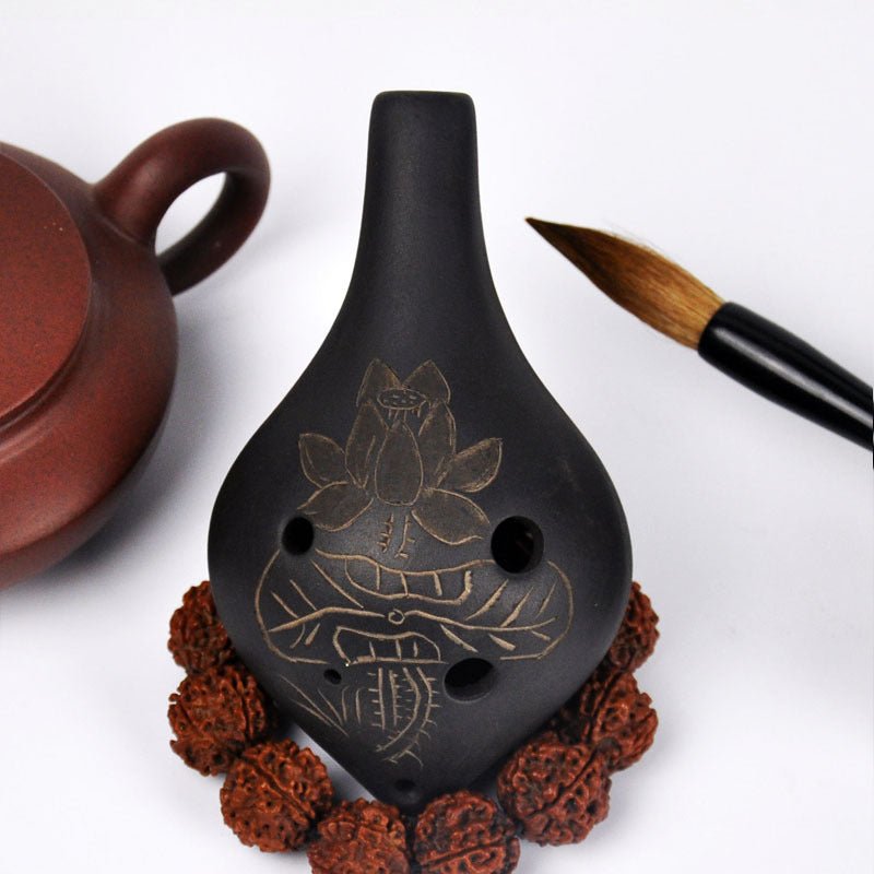 6 hole black pottery flute AC key alto C key hand carving - MISSCLAUS
