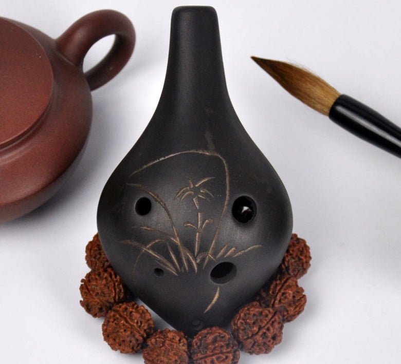6 hole black pottery flute AC key alto C key hand carving - MISSCLAUS
