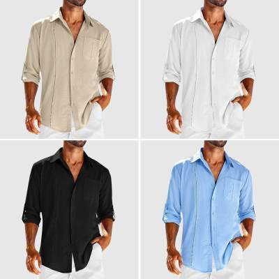 Casual Long Sleeve Shirt With Pocket Lace Polo Collar Solid Color Button Mens Clothing - MISSCLAUS